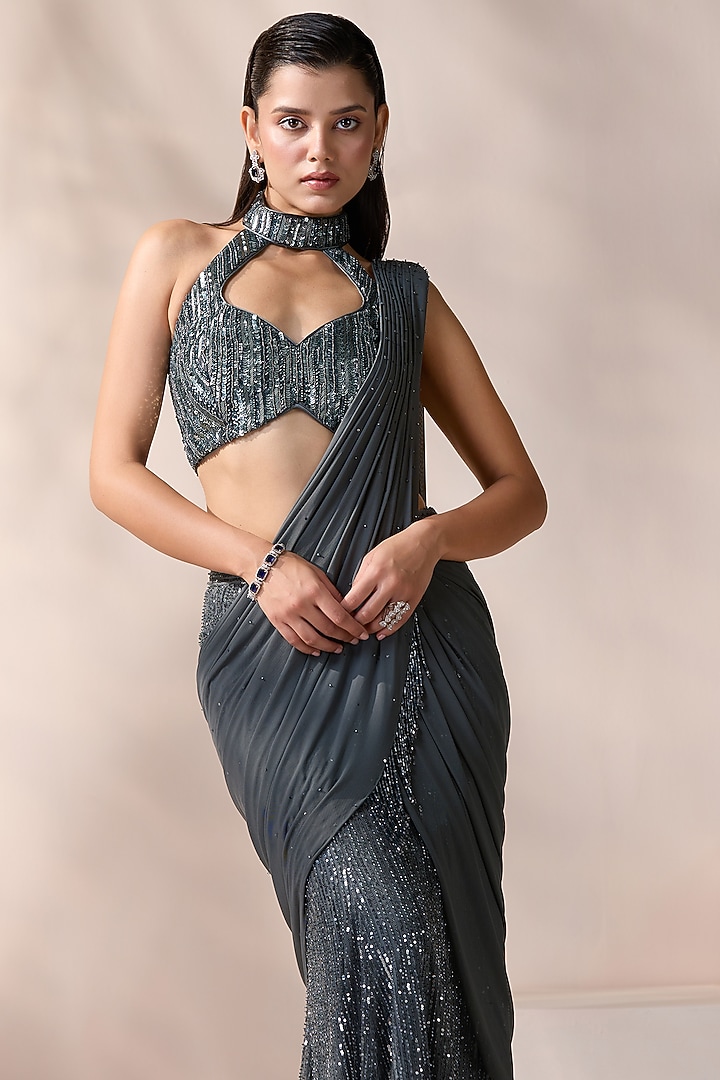 Grey Lycra & Net Embellished Pre-Stitched Wedding Saree Set by Chaashni by Maansi and Ketan at Pernia's Pop Up Shop