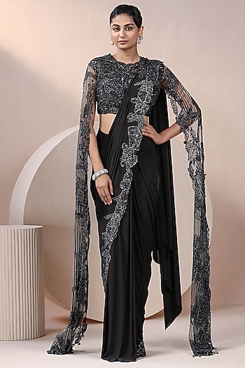 Black Lycra & Net Embellished Pre-Stitched Wedding Saree Set by Chaashni by Maansi and Ketan at Pernia's Pop Up Shop