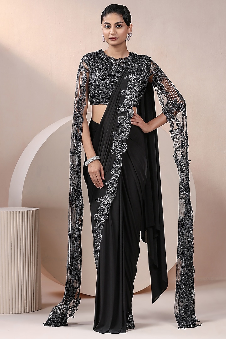 Black Lycra & Net Embellished Pre-Stitched Saree Set by Chaashni by Maansi and Ketan at Pernia's Pop Up Shop