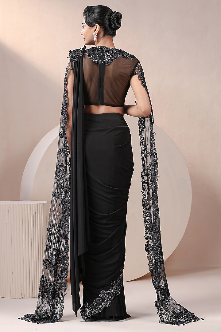 Black Lycra & Net Embellished Pre-Stitched Wedding Saree Set by Chaashni by Maansi and Ketan at Pernia's Pop Up Shop