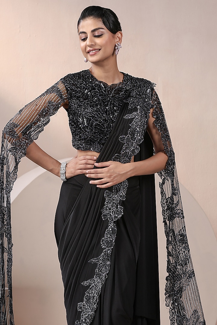 Black Lycra & Net Embellished Pre-Stitched Wedding Saree Set by Chaashni by Maansi and Ketan at Pernia's Pop Up Shop