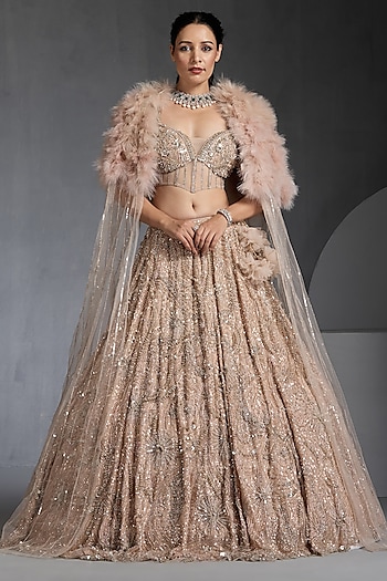 Nude Net & Sequins Embellished Jacket Bridal Lehenga Set by Chaashni by Maansi and Ketan at Pernia's Pop Up Shop