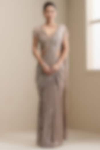 Champagne Net & Embellished Sequinned Fabric Pre-Stitched Wedding Saree Set by Chaashni by Maansi and Ketan at Pernia's Pop Up Shop