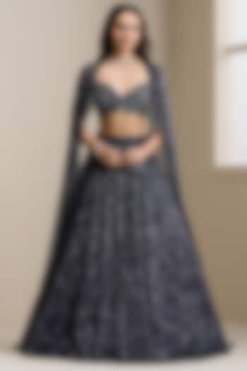 Blue Net & Premium Embellished Fabric Wedding Lehenga Set by Chaashni by Maansi and Ketan at Pernia's Pop Up Shop