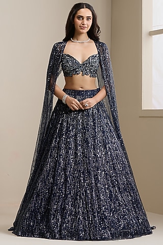 Blue Net & Premium Embellished Fabric Lehenga Set by Chaashni by Maansi and Ketan