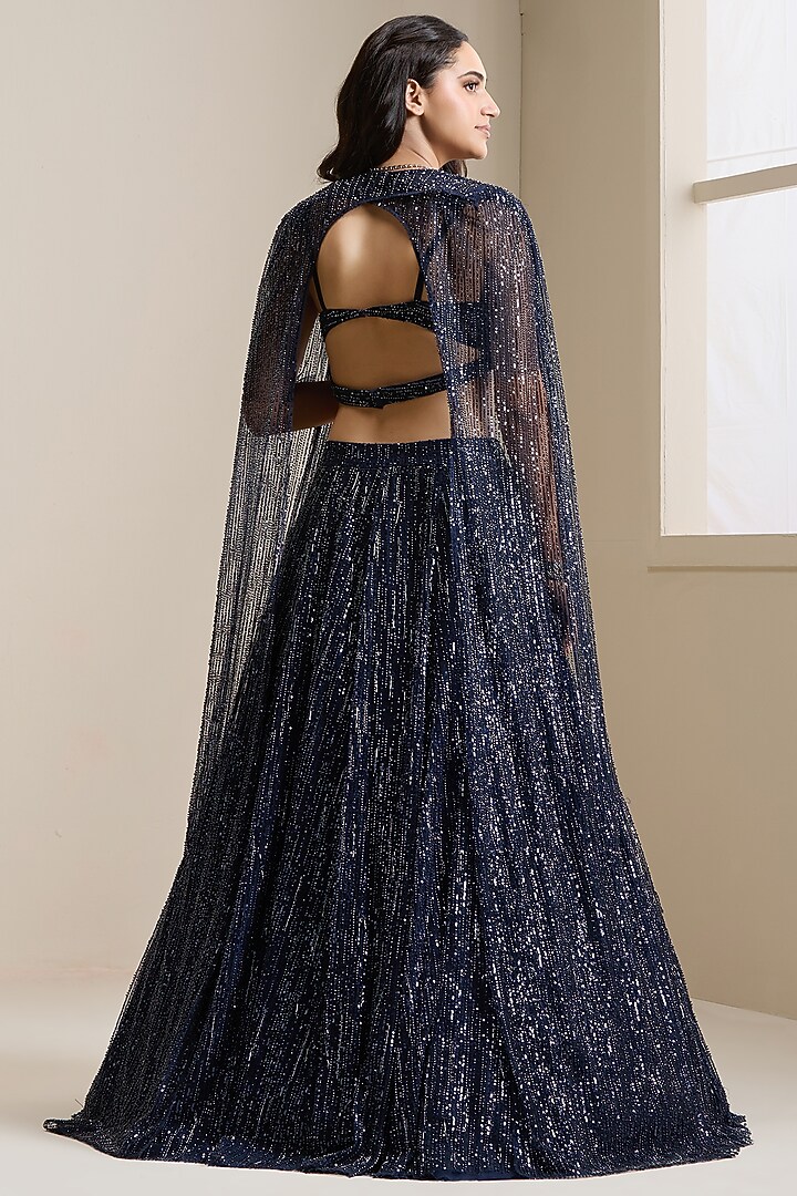 Blue Net & Premium Embellished Fabric Wedding Lehenga Set by Chaashni by Maansi and Ketan at Pernia's Pop Up Shop