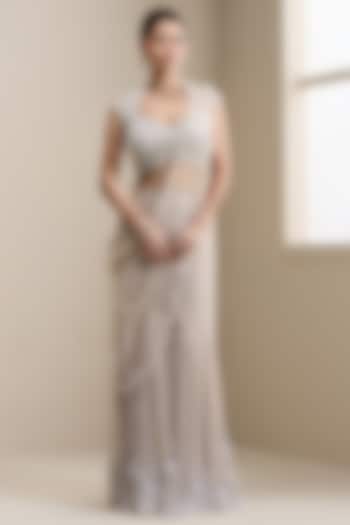 Nude Net & Embellished Fabric Reception Lehenga Saree Set by Chaashni by Maansi and Ketan at Pernia's Pop Up Shop