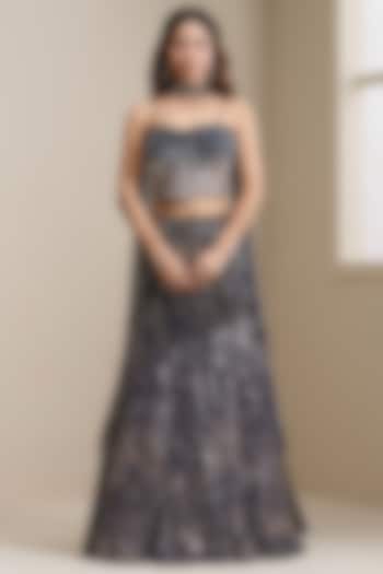 Blue Net & Premium Embellished Fabric Wedding Lehenga Set by Chaashni by Maansi and Ketan at Pernia's Pop Up Shop