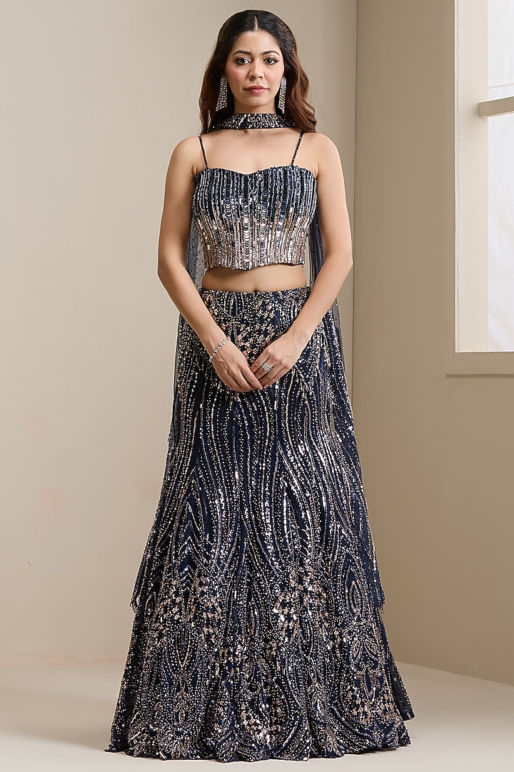Blue Net & Premium Embellished Fabric Wedding Lehenga Set by Chaashni by Maansi and Ketan at Pernia's Pop Up Shop