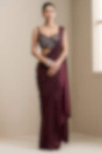 Maroon Lycra Fabric Pre-Stitched Party Wear Saree Set by Chaashni by Maansi and Ketan at Pernia's Pop Up Shop