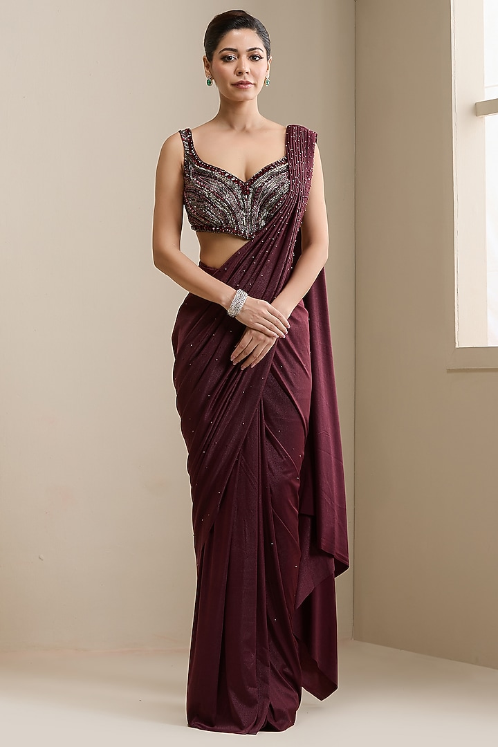 Maroon Lycra Fabric Pre-Stitched Party Wear Saree Set by Chaashni by Maansi and Ketan at Pernia's Pop Up Shop