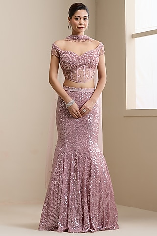 Pink Net & Sequins Embellished Fabric Lehenga Set by Chaashni by Maansi and Ketan