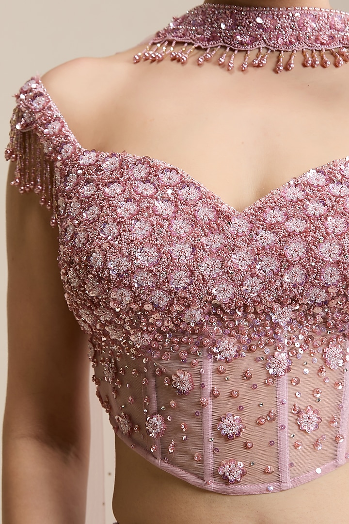 Pink Net & Sequins Embellished Fabric Wedding Lehenga Set by Chaashni by Maansi and Ketan at Pernia's Pop Up Shop