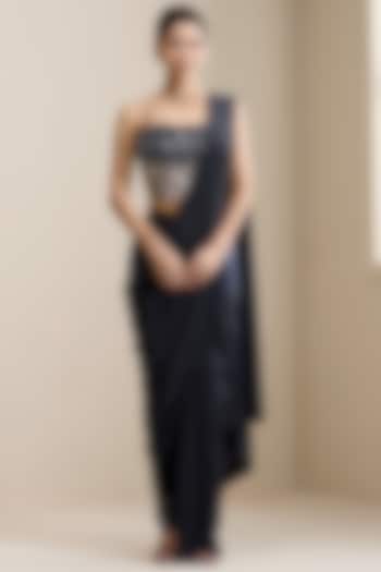 Blue Net & Lycra Fabric Pre-Stitched Pant Wedding Saree Set by Chaashni by Maansi and Ketan at Pernia's Pop Up Shop