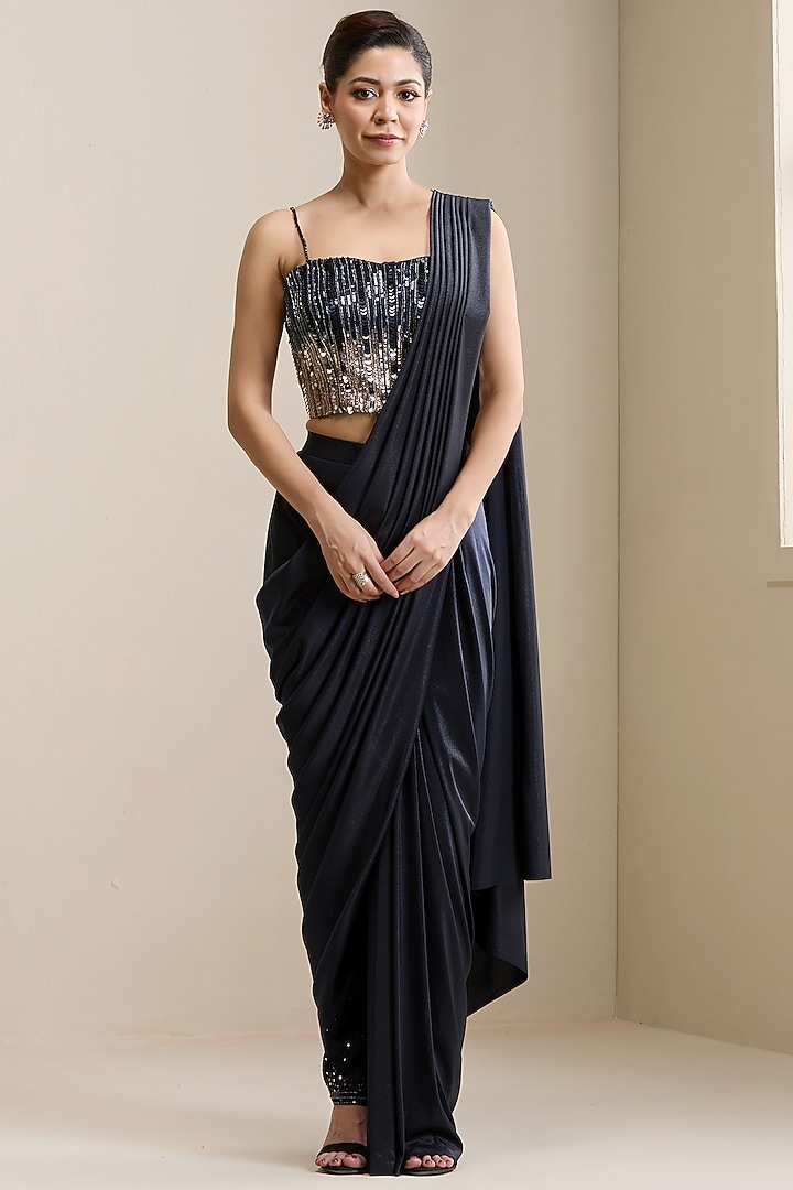 Blue Net & Lycra Fabric Pre-Stitched Pant Wedding Saree Set by Chaashni by Maansi and Ketan at Pernia's Pop Up Shop