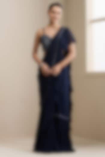 Blue Net & Georgette Pre-Stitched Wedding Saree Set by Chaashni by Maansi and Ketan at Pernia's Pop Up Shop