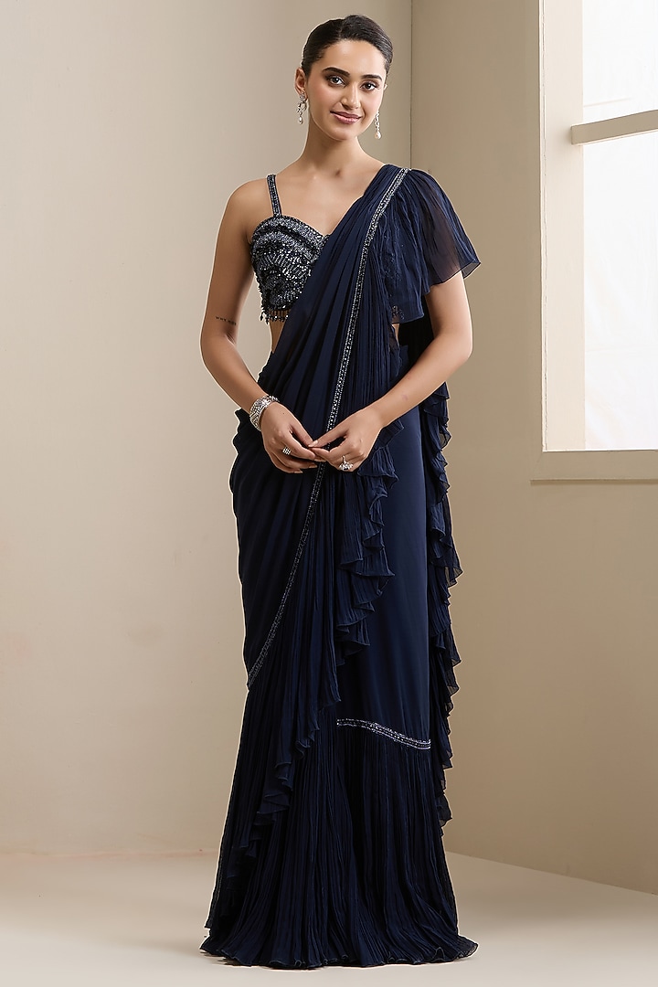 Blue Net & Georgette Pre-Stitched Wedding Saree Set by Chaashni by Maansi and Ketan at Pernia's Pop Up Shop