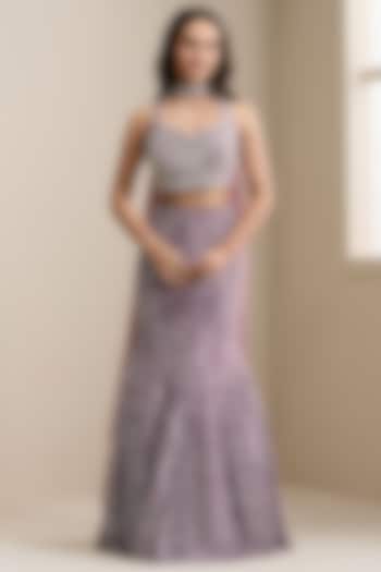 Mauve Net & Embellished Fabric Wedding Lehenga Set by Chaashni by Maansi and Ketan at Pernia's Pop Up Shop
