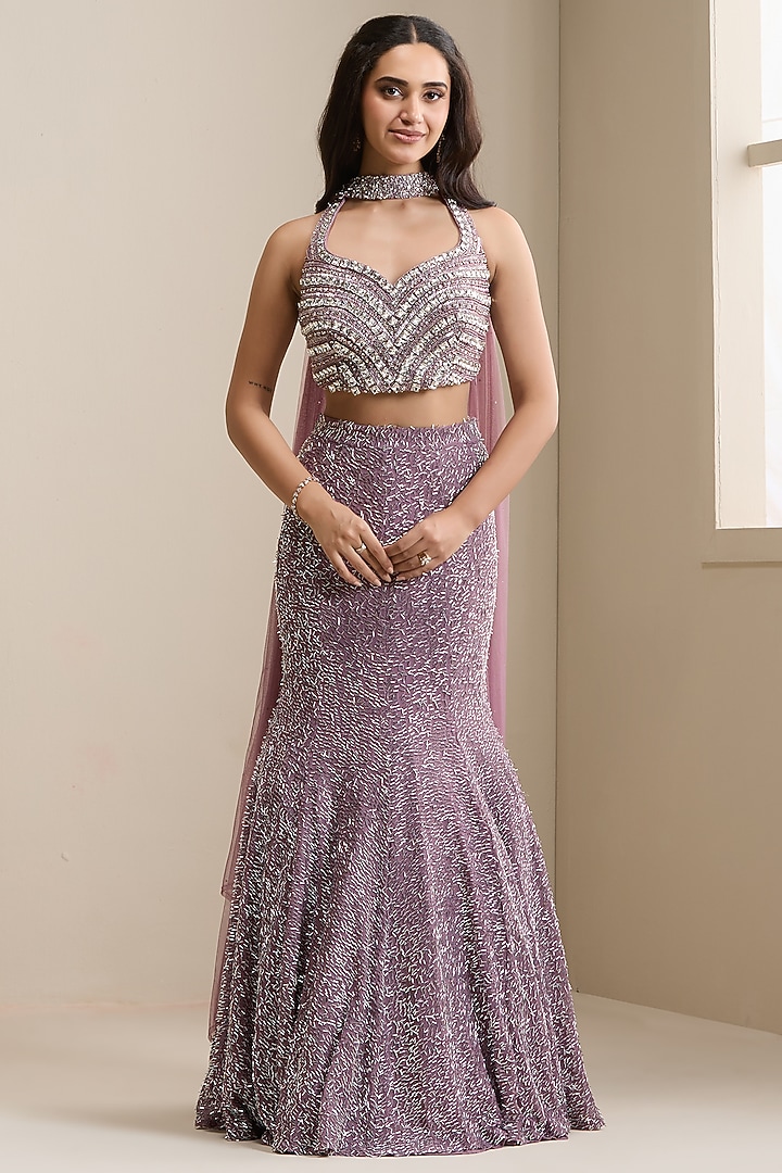 Mauve Net & Embellished Fabric Wedding Lehenga Set by Chaashni by Maansi and Ketan at Pernia's Pop Up Shop