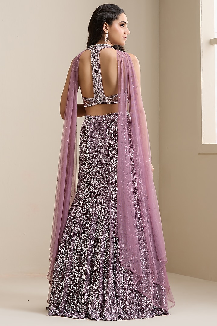 Mauve Net & Embellished Fabric Wedding Lehenga Set by Chaashni by Maansi and Ketan at Pernia's Pop Up Shop