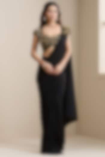 Black Lycra Pre-Stitched Wedding Saree Set by Chaashni by Maansi and Ketan at Pernia's Pop Up Shop