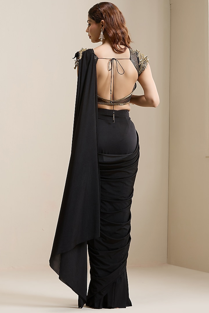 Black Lycra Pre-Stitched Wedding Saree Set by Chaashni by Maansi and Ketan at Pernia's Pop Up Shop