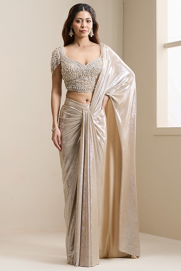 Nude Net & Foil Lycra Pre-Stitched Wedding Saree Set by Chaashni by Maansi and Ketan at Pernia's Pop Up Shop