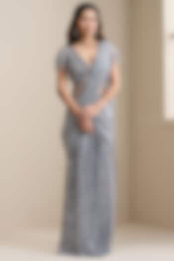 Grey Net & Premium Embellished Sequin Fabric Pre-Stitched Wedding Saree Set by Chaashni by Maansi and Ketan at Pernia's Pop Up Shop