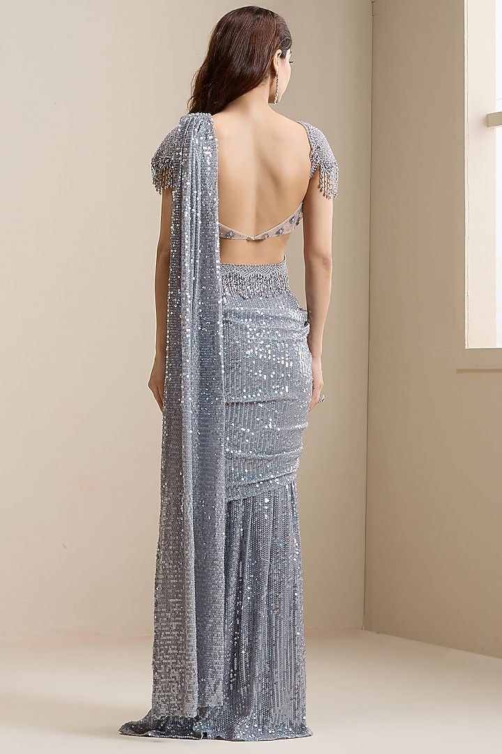 Grey Net & Premium Embellished Sequin Fabric Pre-Stitched Wedding Saree Set by Chaashni by Maansi and Ketan at Pernia's Pop Up Shop