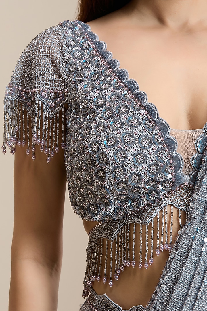 Grey Net & Premium Embellished Sequin Fabric Pre-Stitched Wedding Saree Set by Chaashni by Maansi and Ketan at Pernia's Pop Up Shop