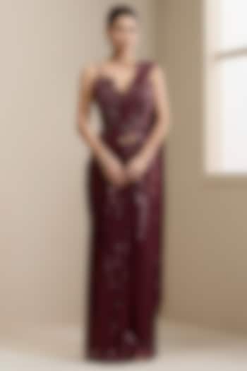 Maroon Net & Sequinned Embellished Fabric Pre-Stitched Wedding Saree Set by Chaashni by Maansi and Ketan at Pernia's Pop Up Shop