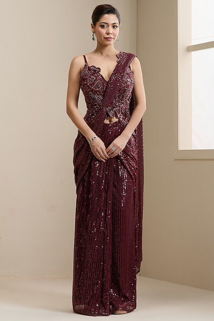 Maroon Net & Sequinned Embellished Fabric Pre-Stitched Wedding Saree Set by Chaashni by Maansi and Ketan at Pernia's Pop Up Shop