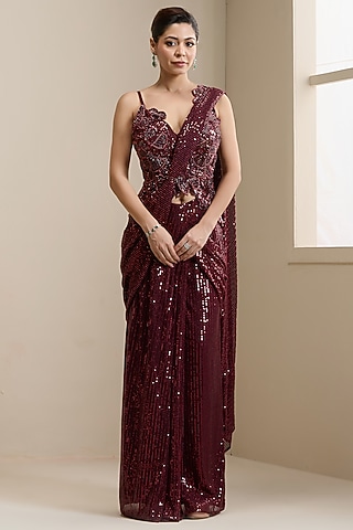 Maroon Net & Sequinned Embellished Fabric Pre-Stitched Saree Set by Chaashni by Maansi and Ketan