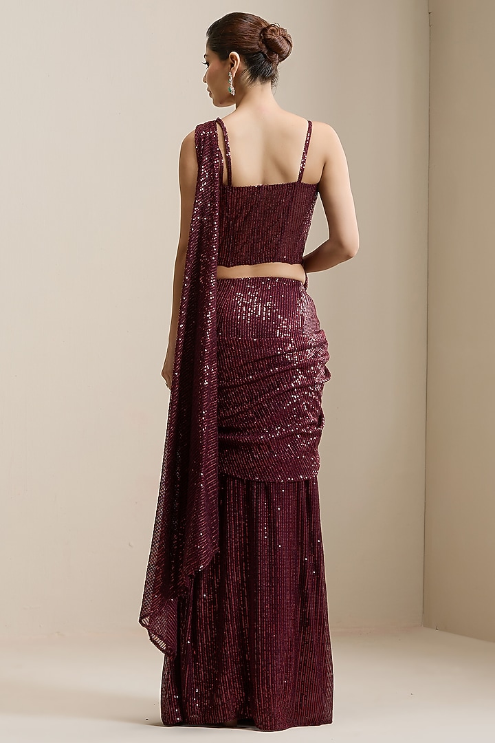Maroon Net & Sequinned Embellished Fabric Pre-Stitched Wedding Saree Set by Chaashni by Maansi and Ketan at Pernia's Pop Up Shop