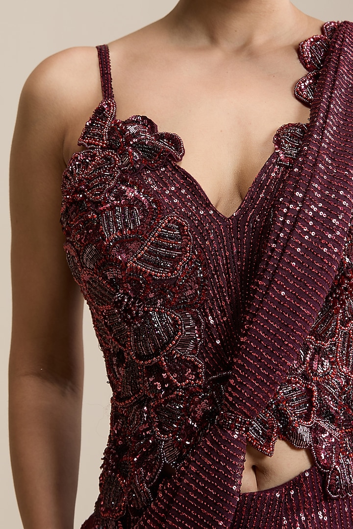 Maroon Net & Sequinned Embellished Fabric Pre-Stitched Wedding Saree Set by Chaashni by Maansi and Ketan at Pernia's Pop Up Shop