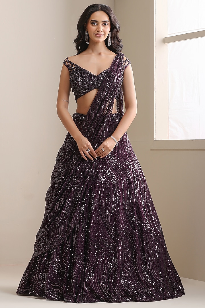 Purple Net & Sequinned Embellished Fabric Wedding Lehenga Set by Chaashni by Maansi and Ketan at Pernia's Pop Up Shop