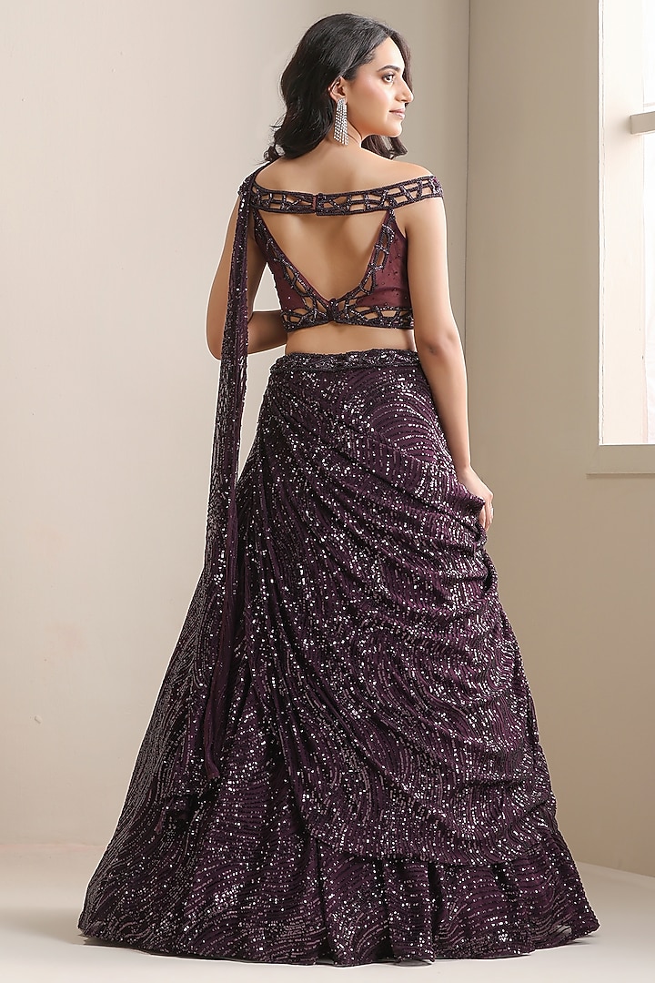 Purple Net & Sequinned Embellished Fabric Wedding Lehenga Set by Chaashni by Maansi and Ketan at Pernia's Pop Up Shop