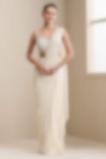 Ivory Georgette & Net Pre-Stitched Wedding Saree Set by Chaashni by Maansi and Ketan at Pernia's Pop Up Shop