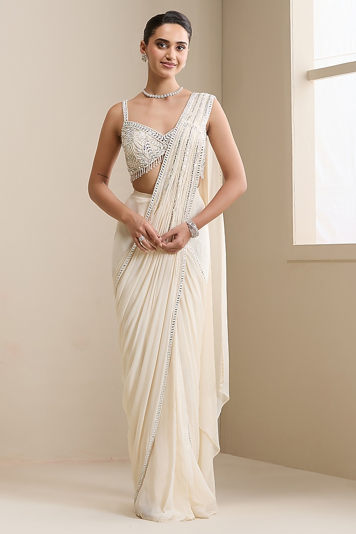 Ivory Georgette & Net Pre-Stitched Wedding Saree Set by Chaashni by Maansi and Ketan at Pernia's Pop Up Shop