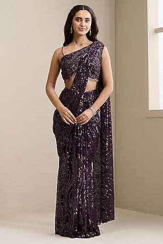 Purple Net Sequins Embellished Pre-Stitched Saree Set by Chaashni by Maansi and Ketan