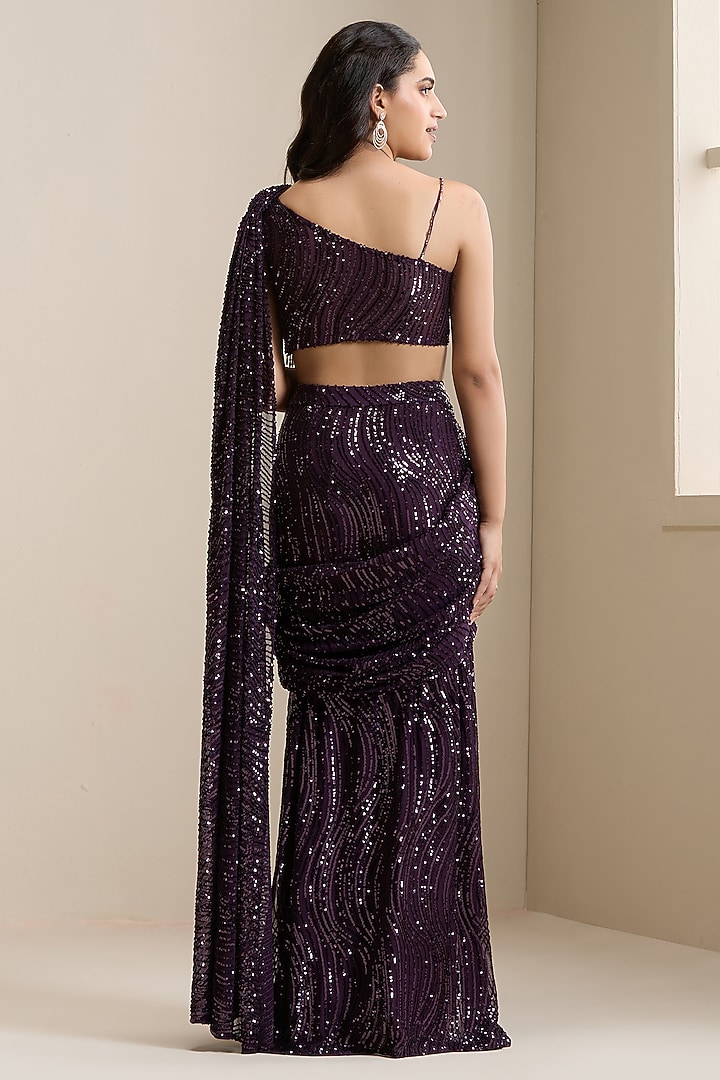Purple Net Sequins Embellished Pre-Stitched Wedding Saree Set by Chaashni by Maansi and Ketan at Pernia's Pop Up Shop