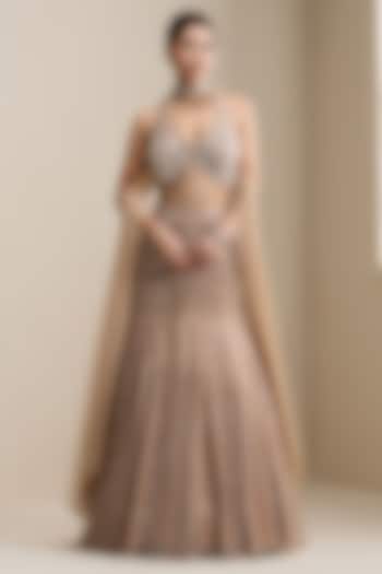 Gold Net Sequin Embellished Engagement Gown With Dupatta by Chaashni by Maansi and Ketan at Pernia's Pop Up Shop