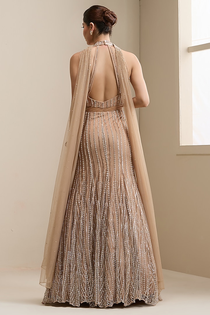 Gold Net Sequin Embellished Engagement Gown With Dupatta by Chaashni by Maansi and Ketan at Pernia's Pop Up Shop