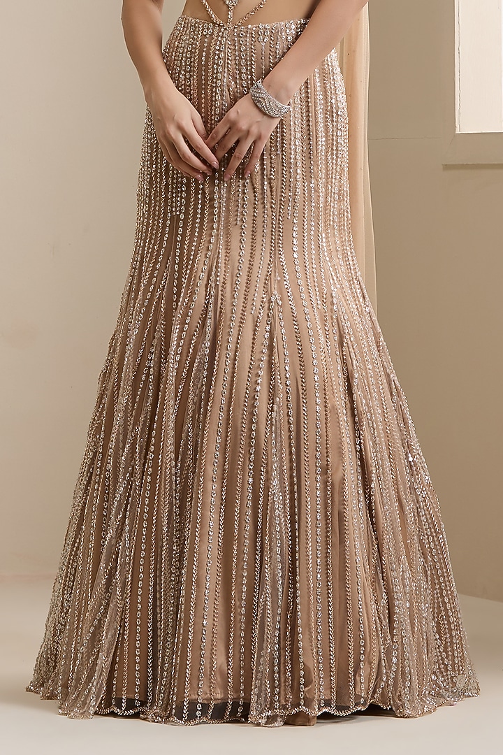 Gold Net Sequin Embellished Engagement Gown With Dupatta by Chaashni by Maansi and Ketan at Pernia's Pop Up Shop