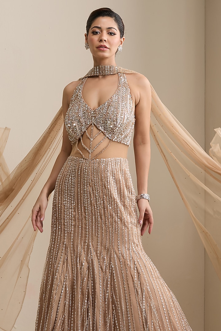 Gold Net Sequin Embellished Engagement Gown With Dupatta by Chaashni by Maansi and Ketan at Pernia's Pop Up Shop