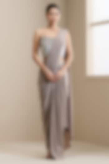 Champagne Net & Lycra Pre-Stitched Wedding Saree Set by Chaashni by Maansi and Ketan at Pernia's Pop Up Shop