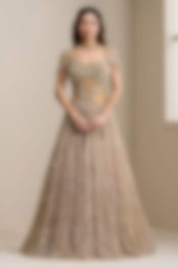 Gold Net Sequins Embellished Wedding Gown by Chaashni by Maansi and Ketan at Pernia's Pop Up Shop