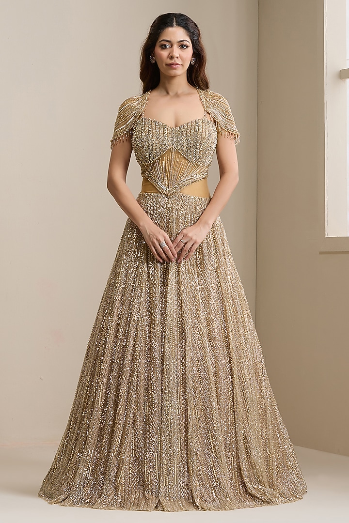 Gold Net Sequins Embellished Wedding Gown by Chaashni by Maansi and Ketan at Pernia's Pop Up Shop