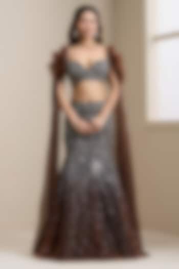 Brown Net Sequins Embellished Wedding Lehenga Set by Chaashni by Maansi and Ketan at Pernia's Pop Up Shop