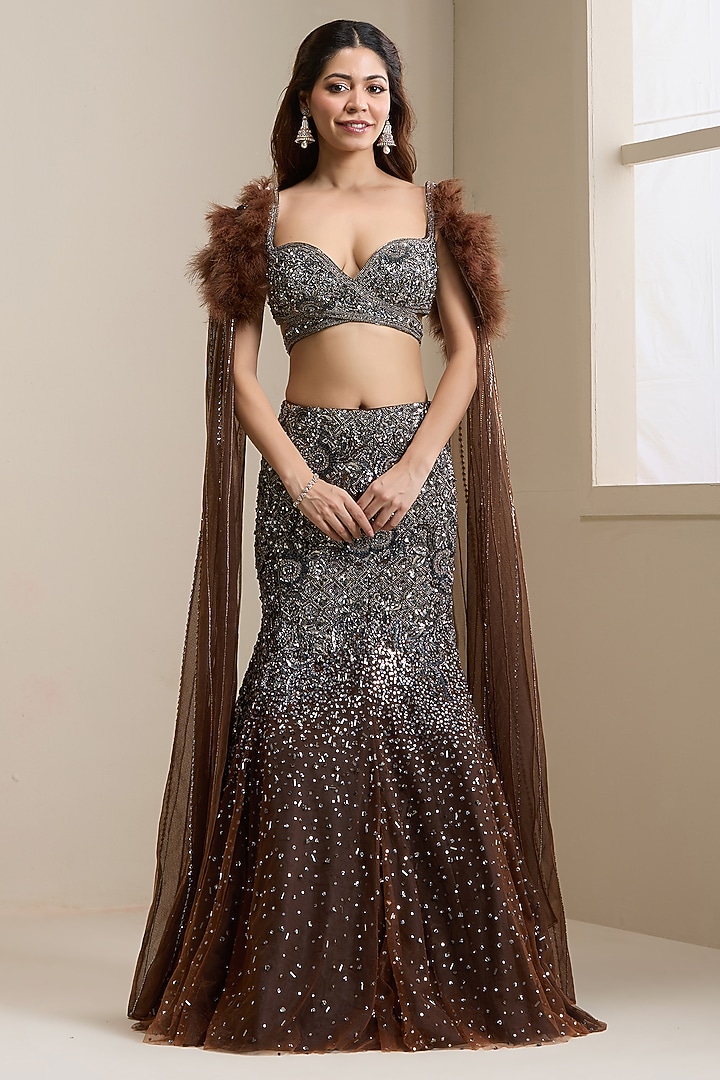 Brown Net Sequins Embellished Wedding Lehenga Set by Chaashni by Maansi and Ketan at Pernia's Pop Up Shop